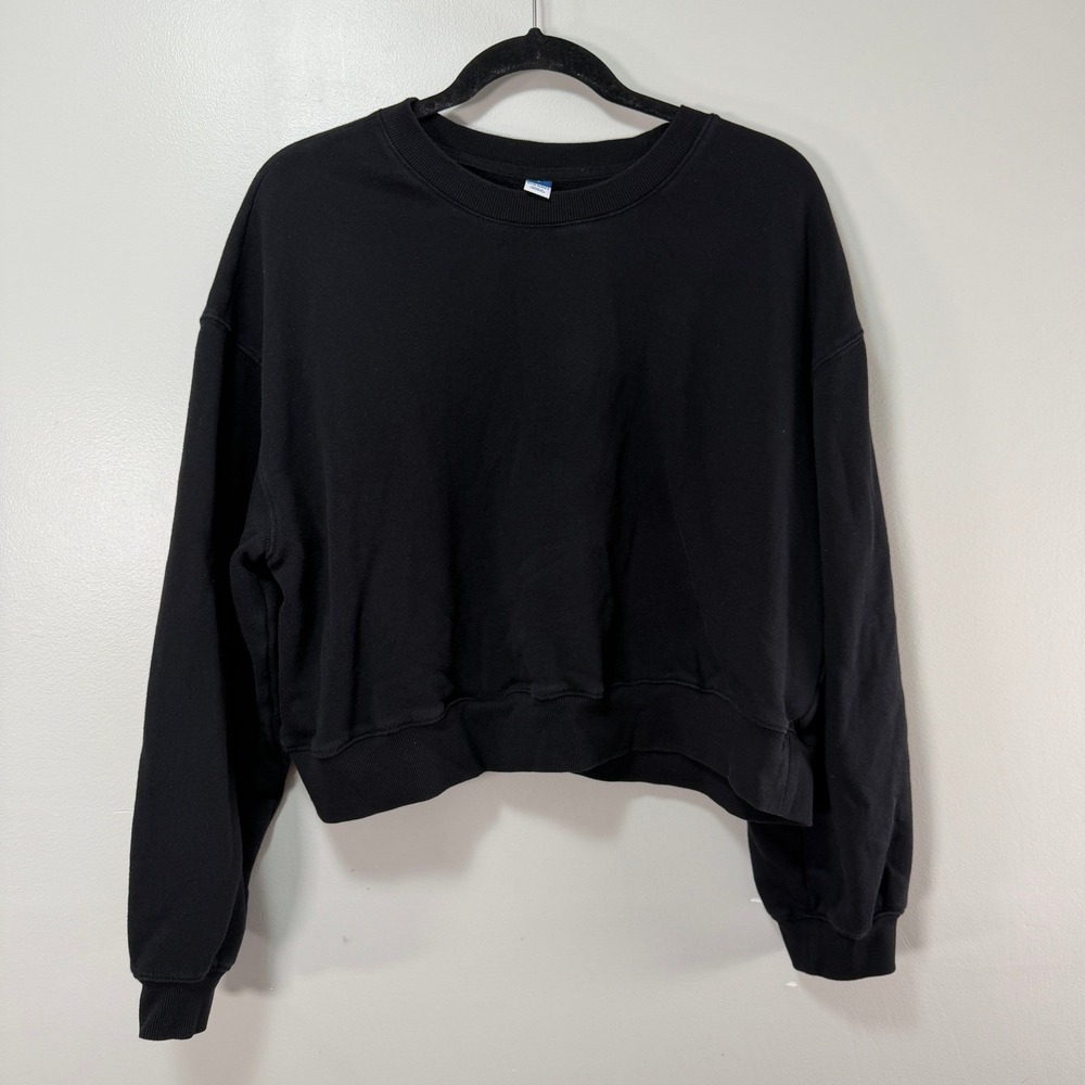 Old Navy Womens Large Black Cropped Sweatshirt Long Sleeve Crew Neck Pullover